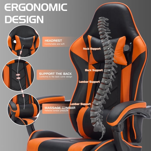 Aithera Ergonomic Gaming Chair — Footrest, Massage Lumbar, Headrest | Black & Orange