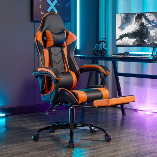 Aithera Ergonomic Gaming Chair — Footrest, Massage Lumbar, Headrest | Black & Orange