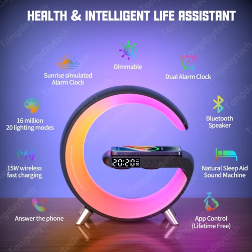 Multifunctional Wireless Charger Alarm Clock with Bluetooth Speaker & RGB Light